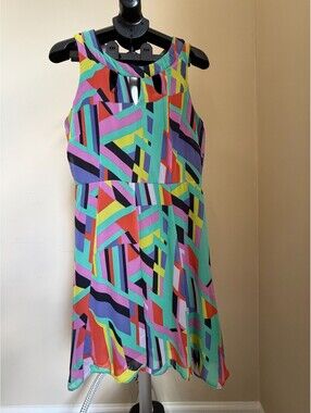 ILE New York Women's Fit  & Flare Dress Geometric Sleeveless Size 10 Multicolor